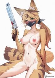 absurdres animal_ear_fluff animal_ears blush breasts cat_ears cat_tail commentary completely_nude female finger_on_trigger furry furry_female green_eyes gun heavy_breathing highres holding holding_gun holding_weapon kukiyuusha long_hair looking_at_viewer mask medium_breasts mouth_mask navel nipples nude ponytail pulchra pulchra_(zenless_zone_zero) pussy revolver simple_background sitting solo tail twitter_username uncensored weapon white_background zenless_zone_zero