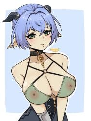 1girls 2025 areolae artist_name banana_onegai big_breasts blue_hair breasts choker clothed clothing collar female female_only green_eyes horn horns light-skinned_female light_skin looking_at_viewer lucia_(zenless_zone_zero) lucia_elowen nipples_visible_through_clothing pointy_ears short_hair solo translucent translucent_clothing video_games zenless_zone_zero