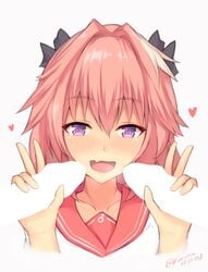 1boy astolfo_(fate) bangs black_bow blush bow censored collarbone commentary_request cute_fang dated double_handjob double_v eyebrows_visible_through_hair fate/apocrypha fate/grand_order fate_(series) femboy hair_intakes hairbow handjob heart heart-shaped_pupils kuavera long_hair mars_symbol multicolored_hair open_mouth penis pink_hair pink_sailor_collar purple_eyes sailor_collar sailor_shirt shirt signature simple_background smile streaked_hair symbol-shaped_pupils trap v yaoi