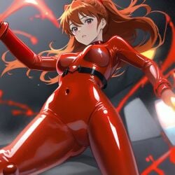 1girls ai_generated ass_visible_through_thighs blush bodysuit breasts brown_eyes cockpit covered_navel covered_nipples from_below hair_between_eyes hairpods interface_headset long_hair looking_at_viewer medium_breasts orange_hair parted_lips pilot_suit plugsuit red_bodysuit red_eyes skin_tight solo