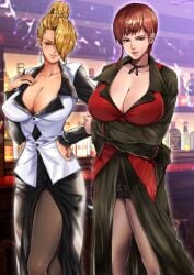 2girls big_breasts big_lips blonde_hair blue_eyes bottle bottles breasts brown_eyes brown_hair busty chest cleavage clothed clothed_female dress drink duo earrings elegant elegant_dress female hair_bun hand_on_hip huge_breasts king_of_fighters light-skinned_female light_skin long_hair long_sleeves mature_(kof) one_eye_obstructed oyaman pantyhose red_clothing seductive seductive_look short_hair shorts skirt smile smiley_face smiling smiling_at_viewer standing table thick thick_thighs thighs tied_hair vice_(kof) voluptuous voluptuous_female white_skin wide_hips