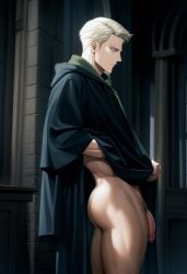 1boy ai_generated ass blonde_hair blonde_male blooboo bottomless circumcised cloak cock draco_malfoy flaccid flaccid_cock flaccid_penis harry_potter hogwarts hogwarts_school_uniform hogwarts_student male male_ass male_only partially_clothed penis pubic_hair side_view slytherin solo tagme