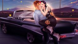 1boy 1boy1girl 1girls black_hair carrying_partner fap_ceo female hi_res high_resolution highres judy_(fap_ceo) kissing male no_sex nutaku red_strand_of_hair safe sfw tagme