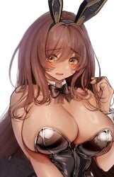 amane_ruri dark-skinned_female dark_skin goddess_of_victory:_nikke hand_up huge_breasts looking_to_the_side noir_(nikke) shy upper_body wavy_mouth