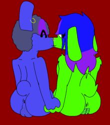 anthro anus ass balls bangs blue_body blue_fur blue_hair closed_eyes curled_hair duo ear_piercing ear_ring facial_hair facial_piercing female fur genitals green_body green_fur hair hair_dye hand_holding hazel_(haziefreak) jasper_(haziefreak) kiss_on_lips kissing lagomorph leporid long_hair looking_at_viewer male male/female mammal moustache navy_hair nose_piercing nose_ring nude piercing pubes pussy rabbit ring_piercing short_tail sitting tail the_burny