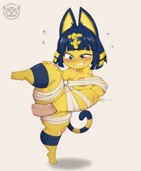 animal_crossing ankha ankha_(animal_crossing) anthro big_breasts blue_hair blush crying crying_with_eyes_open feline female_focus furry mossyartburger nintendo shortstack stomach_bulge tears thick_thighs wide_hips yellow_fur