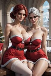 2girls ai_generated big_breasts breasts christmas christmas_outfit ciri female green_eyes light-skinned_female looking_at_viewer mascara red_hair ruutel10 stockings the_witcher_(series) the_witcher_3:_wild_hunt triss_merigold watermark white_hair