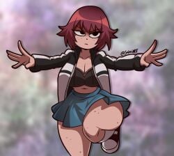 1girls black_bra black_eyes bra clothed female freckles freckles_on_breasts freckles_on_face freckles_on_thighs kim_pine light-skinned_female light_skin open_clothes open_jacket red_hair scott_pilgrim seireiart short_hair solo solo_female