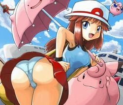 ass blue_panties blue_shirt breasts brown_hair bubble_butt clefable deoxys ditto female_only green_(pokemon) human human_only jigglypuff leaf_(pokemon) long_hair nintendo panties pokemoa pokemon pokemon_(species) pokemon_adventures pokemon_frlg pokemon_rgby red_skirt umbrella upskirt