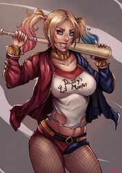 1girls adapted_costume artist_name baseball_bat batman_(series) belly black_legwear black_pantyhose blonde blonde_hair blue_eyes blue_hair bracelet breasts candy censored choker clothes clothes_writing clothing costume covered_breasts cowboy_shot curvaceous dated dc dc_extended_universe denim denim_shorts eating english english_text erect_nipples erect_nipples_under_clothes eyelashes eyeliner eyeshadow facepaint facial_mark female female_only fishnet_legwear fishnets food grin harley_quinn high_resolution hips holding_object holding_weapon hotpants human jacket jewelry kachima large_breasts legs legwear light-skinned light-skinned_female lips lipstick lollipop long_hair looking_at_viewer makeup mascara midriff multicolored multicolored_clothes multicolored_hair nail_polish navel nipples open_clothes open_jacket pantyhose patreon_reward pink_hair shirt short_shorts shorts signature simple_background skin_tight smile solo spiked_bracelet spikes standing stomach suicide_squad supervillain supervillainess sweets teeth text thighs tied_hair tight tight_clothes torn_clothes torn_shirt twintails unzipped very_high_resolution villain villainess weapon zipper