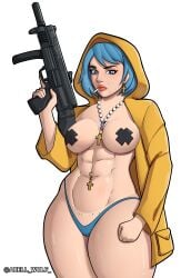 abs axellwolf blue_hair casual cigarette clothing female firearm gun human luce_(vatican) medium_breasts necklace neckwear outerwear pale_skin raincoat rifle rosary short_hair standing tape taped_nipples thong weapon white_background wide_hips yellow_raincoat