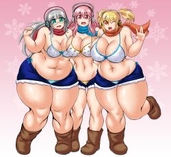 3girls artist_request bbw bikini blonde_female chubby_female female female_only headphones large_breasts nitroplus pink_hair shorts silver_hair super_pochaco super_sonico super_taruco thick_thighs