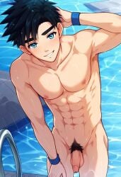 ai ai_art ai_assisted ai_generated avan_geiserford beach flaccid_penis gay jock_studio mikkoukun pubic_hair solo_male wet_body wet_skin yaoi