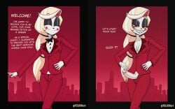 1futa charlie_morningstar_(hazbin_hotel) clothed clothing comic erection fully_clothed futanari hazbin_hotel mostly_clothed penis smile solo source_request text trap vivienne_medrano vivziepop yolkiin