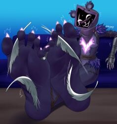 :3 armor bear black_body blush bondage claws facial_scar feet foot_fetish foot_focus foot_on_table foot_tickling fortnite fortnite:_battle_royale fur furry_only glowing humanoid_feet looking_at_viewer purple_fur raven_team_leader simple_background soles ssunsalm thighs tickling toes wrinkled_feet wrinkles