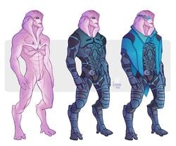 alien angara animal_genitalia armor blue_eyes cape clothed clothing fully_clothed genital_slit humanoid jaal_ama_darav lorna-ka male male_only mass_effect nude pink_skin scar slit smile solo video_games