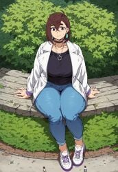 ai_generated anime ayase_momo brown_hair civitai curvy curvy_figure dandadan earings earrings hips hourglass hourglass_figure huge_breasts jacket jacket_open jeans looking_down outdoors outside slim_waist smile summer thick_thighs thunder_thighs thunderthighs