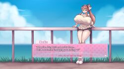 1girls 2023 alternate_version_at_source anime_style areola_bulge big_breasts breast_expansion breast_growth breasts breasts_bigger_than_head brown_hair color ddlc_text_box dialogue doki_doki_literature_club female female_only flirting flirting_with_viewer green_eyes hi_res high_resolution highres human human_only just_monika large_breasts metachoke monika_(doki_doki_literature_club) nipple_bulge sequence smile solo solo_female sweater talking_to_viewer text text_box thick_thighs vacation white_bow wide_hips