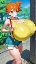 1girls ai_generated big_breasts blue_hair breasts cleavage denim_bottomwear denim_clothing denim_shorts female female_focus female_only game_freak huge_breasts jiuyang-hsien kasumi_(pokemon) large_breasts light-skinned_female light_skin massive_breasts nintendo orange_hair pokemon short_hair tank_top