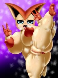 2024 3_fingers anthro anus areola ass big_breasts biped blue_eyes blush bodily_fluids breasts censored fangs female fingers flexible generation_5_pokemon genital_fluids genitals gotobeido hi_res huge_breasts legendary_pokemon looking_at_viewer nintendo nipples nude one_leg_up pokemon pokemon_(species) pussy raised_leg short_stack solo splits spread_legs spreading standing sweat teeth thick_thighs vaginal_fluids vertical_splits victini yellow_body