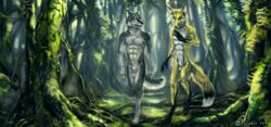 2016 animal_genitalia anthro balls canine day detailed_background digitigrade duo forest fox fur grass grey_fur male mammal moss nude sheath smile standing tatchit tree wolf yellow_fur