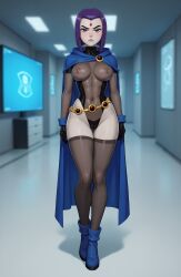 1female ai_generated areolae big_breasts curvy latex latex_clothing looking_at_viewer nipples pdbai purple_eyes purple_hair raven_(dc) see-through see-through_clothing tagme teen_titans