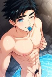 ai ai_art ai_assisted ai_generated avan_geiserford beach condom condom_in_mouth flaccid_penis gay jock_studio mikkoukun nipple_pinch pinching_nipples pubic_hair solo_male wet_body wet_skin yaoi