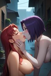 2girls ai_generated blushing_at_partner breasts closed_eyes cunningstuntda dc dc_comics forehead_jewel girl_on_girl girls_only hand_on_cheek large_breasts long_hair_female nipples open_mouth purple_eyes_female purple_hair_female raven_(dc) red_hair_female saliva short_hair_female starfire teen_titans tongue_kissing yuri