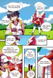 apologizing blushing_female braixen bray_(lucyfercomic) comic lucyfercomic pokemon pokemon_(species) pokemon_center pokemon_trainer speech_bubble