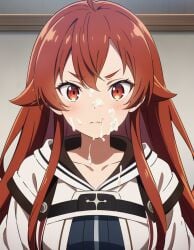 1girls ai_generated blush closed_mouth clothed cum cum_drip cum_on_face eris_greyrat female female_only long_hair morindar mushoku_tensei open_eyes red_eyes red_hair serious serious_face serious_look