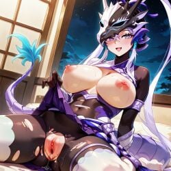 1girls ai_generated asking_for_it asking_for_sex asking_viewer black_bodysuit bodysuit breasts breasts_out breasts_out_of_clothes clitoris dragon_girl dragon_tail female female_focus female_only flashing flashing_breasts gaping gaping_pussy large_breasts long_hair long_tail looking_at_viewer nipples no_bra no_panties open_mouth pussy pussy_juice pussy_juice_drip pussy_juice_stain pussy_lips skirt skirt_lift skirt_up solo solo_female solo_focus swordsoul_of_mo_ye tail thick thick_thighs thighhighs thighs torn_bodysuit torn_clothes torn_clothing white_hair yu-gi-oh!