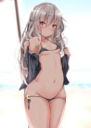 1girls beach embarrassed female female_only kantai_collection kikuzuki_(kantai_collection) long_hair looking_at_viewer micro_bikini orange_eyes small_breasts solo sweat tagme tanline thick_thighs white_hair yukishiro_arute