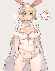 absurdres animal_ears blonde_hair blush breasts brown_eyes cape clothing_aside commentary_request djeeta_(granblue_fantasy) fake_animal_ears female flower granblue_fantasy grey_background grin hair_flower hair_ornament heart highleg highleg_leotard highres large_breasts leotard leotard_aside looking_at_viewer pussy_juice rabbit_ears sage_(granblue_fantasy) shimadouma short_hair smile solo spoken_heart standing white_cape white_leotard wrist_cuffs