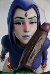 3d :>= absurdly_large_cock ai_generated blue_cape blue_hood cheating_girlfriend dark-skinned_male dark_penis dc dc_comics eye_contact female grey_skin hyper_penis imminent_oral impossible_fit interracial kisuco looking_at_viewer male ntr penis_on_face petite_female provocative raven_(dc) straight sweating taller_male teen_titans touching_face veiny_penis voluptuous_female