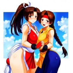 2girls ai_generated ass big_ass braid brown_eyes brown_hair clothed female hair_ornament headband human japanese japanese_clothes king_of_fighters large_ass leggings light-skinned_female light_skin long_hair looking_at_viewer mai_shiranui outdoors outside pants ponytail smiling_at_viewer spandex standing tail thick_thighs thighs tied_hair voluptuous voluptuous_female wide_hips yoga_pants yuri_sakazaki