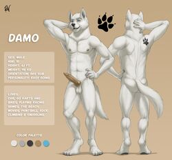 2017 4_toes 5_fingers abs anatomically_correct anatomically_correct_penis animal_genitalia animal_penis anthro balls barefoot biceps biped black_nose blue_eyes canine canine_penis claws color_swatch damo digital_media_(artwork) digitigrade english_text erection fluffy fluffy_tail front_view fur grey_claws hand_behind_head hand_on_hip hi_res knot looking_at_viewer male mammal model_sheet multiple_angles muscular muscular_male navel nipples nude pawprint pecs penis pink_nipples pink_penis rear_view rov signature simple_background smile snout solo standing stated_homosexuality tan_background tattoo text toe_claws toes white_balls white_fur white_tail wolf