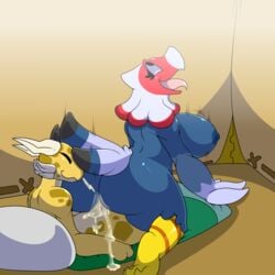 2017 amelia_(animal_crossing) animal_crossing ass avian big_breasts big_butt bird breasts eagle feathers female female_on_top hi_res horn kingbeast kobold lizard male messy nintendo on_top penis reptile reverse_cowgirl_position scalie sex sir_squiggles_(character) sleeping_bag straight tail_feathers tent tongue vaginal_penetration video_games