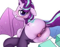 2018 absurdres anatomically_correct anatomically_correct_pussy animal_genitalia animal_pussy anus ass blush cutie_mark equine equine_pussy eyelashes female feral friendship_is_magic highres horn kite looking_at_viewer mammal multicolored_hair my_little_pony pussy selenophile simple_background solo starlight_glimmer thighhighs two_tone_hair unicorn white_background