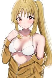 1girls absurd_res absurdres ahoge bare_arms bare_chest bare_hands bare_shoulders bare_skin bikini bikini_top blonde_eyebrows blonde_female blonde_hair blonde_hair blonde_hair_female blush blush_face blush_lines blushed_face blushing_at_viewer blushing_face blushing_female bocchi_the_rock! breasts cleavage coat collarbone dot_nose embarrassed embarrassed_exposed_female embarrassed_expression embarrassed_female exposed_arms exposed_chest exposed_shoulders exposed_skin eyebrows_visible_through_hair fair_skin female female_focus female_only fingers hand_on_chest hand_on_own_chest high_resolution high_school_student highres ijichi_nijika jacket lean_body lean_figure light-skined_female light-skinned light-skinned_female light_skin light_skin_female light_skinned light_skinned_female long_hair looking_at_viewer medium_breasts midriff narrow_waist open_coat open_jacket open_mouth open_topwear open_track_jacket orange_eyes orange_eyes_female parted_lips ponytail school_girl shoulders side_ponytail sidelocks simple_background slender_body slender_waist slim_girl slim_waist smooth_skin solo standing string_bikini sunya_(honorin-yuunibo) swimsuit swimwear teen_girl teenage_girl teenager thin_waist topwear track_jacket track_suit upper_body white_background white_bikini white_bikini_top white_string_bikini white_swimsuit white_swimwear wide_hips yellow_coat yellow_eyebrows yellow_hair yellow_hair_female yellow_jacket yellow_topwear