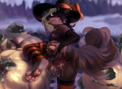 anthro ass bodily_fluids butt_grab canid canine canis clothing costume cum cum_drip dripping female food fruit genital_fluids genitals hair half-spread_pussy halloween hand_on_butt hat headgear headwear hi_res holidays legwear magic_user mammal multicolored_hair pawpads paws plant pumpkin pussy raised_leg raised_tail rear_view sherkfell solo spread_pussy spreading tail thigh_highs vorona witch witch_costume witch_hat wolf