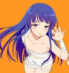 07th_expansion 2024 bandage bangs blue_hair blush female female_focus female_only flat_chest furude_rika halloween high_res higurashi_no_naku_koro_ni light-skinned_female linen_bandage long_hair looking_at_viewer open_mouth orange_background purple_eyes simple_background small_breasts tomato_akase