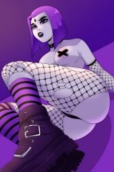 1girls ass boots censored censored_nipples choker dc eyeshadow female fishnet_armwear fishnets forehead_jewel goth grey_skin kneehighs lipstick medium_breasts medium_hair pale_skin panties purple_eyes purple_hair raven_(dc) ravenemore solo striped_kneehighs striped_legwear teen_titans topless torn_fishnets