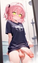 1futa ai_generated big_balls blush flaccid futanari huge_cock pink_hair precum shirt shower small_breasts wet zynai