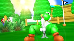 3boys 3d 3d_(artwork) anthro anus balls blue_overalls bushes clothing clouds dinosaur erection facial_hair flag grass green_skin green_yoshi hat human looking_at_another luigi male male_only mario mario_(series) moustache nintendo outdoors penis red_hat red_shirt reptile shocked_expression shoes super_mario_bros. theartistickoopaling trees yoshi