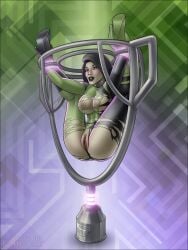 bondage bound disney disney_channel female female_only femsub green_skin hairless_pussy high-heeled_jill high_heels kim_possible large_breasts legs_up light-skinned_female living_trophy pussy restrained shego solo stationary_restraints steel_bondage torn_clothes villainess