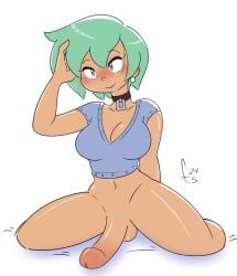 1futa 2024 aloe_(fondly-aloe) artist_signature balls blush bottomless cleavage collar curtains_match_windows earrings fernal-scarlet fondly_aloe fondly_scarlet futa_only futa_solo futanari green_eyes green_hair hand_in_hair original penis pubic_hair short_hair solo solo_focus solo_futa tan_skin testicles wariza