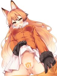 animal_ears ass_visible_through_thighs black_gloves blazer blonde_hair breasts brown_eyes brown_hair censored d: eyebrows_visible_through_hair ezo_red_fox_(kemono_friends) fox_ears from_below fur_trim gloves heart heart-shaped_pupils heavy_breathing highres jacket japari_symbol kemono_friends long_hair looking_down medium_breasts multicolored_hair nksk novelty_censor open_mouth pantyhose pantyhose_pull pleated_skirt pussy pussy_juice skirt skirt_lift sweat symbol-shaped_pupils very_long_hair white_background white_skirt