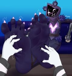 :3 armor bear black_body blush bondage claws facial_scar feet foot_fetish foot_focus foot_on_table foot_tickling fortnite fortnite:_battle_royale fur furry_only glowing hands_on_feet humanoid_feet looking_at_viewer massage meow_skulls_(fortnite) purple_fur raven_team_leader simple_background soles ssunsalm thighs tickling toes wrinkled_feet wrinkles