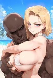 1boy 1girls ai_generated android_18 bare_arms bare_shoulders big_breasts bikini bikini_top blonde_hair blue_eyes blush color dark-skinned_male dark_skin dragon_ball dragon_ball_z female grabbing_breasts hand_on_breast hi_res interracial large_breasts light-skinned_female light_skin looking_at_viewer male male/female muscles muscular muscular_male nakatori netorare ntr short_hair tagme