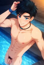 ai ai_art ai_assisted ai_generated avan_geiserford beach flaccid_penis gay jock_studio mikkoukun pubic_hair solo_male wet_body wet_skin yaoi